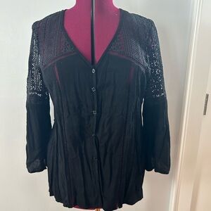 Black Button Front Crochet Detail Bell Sleeve Top